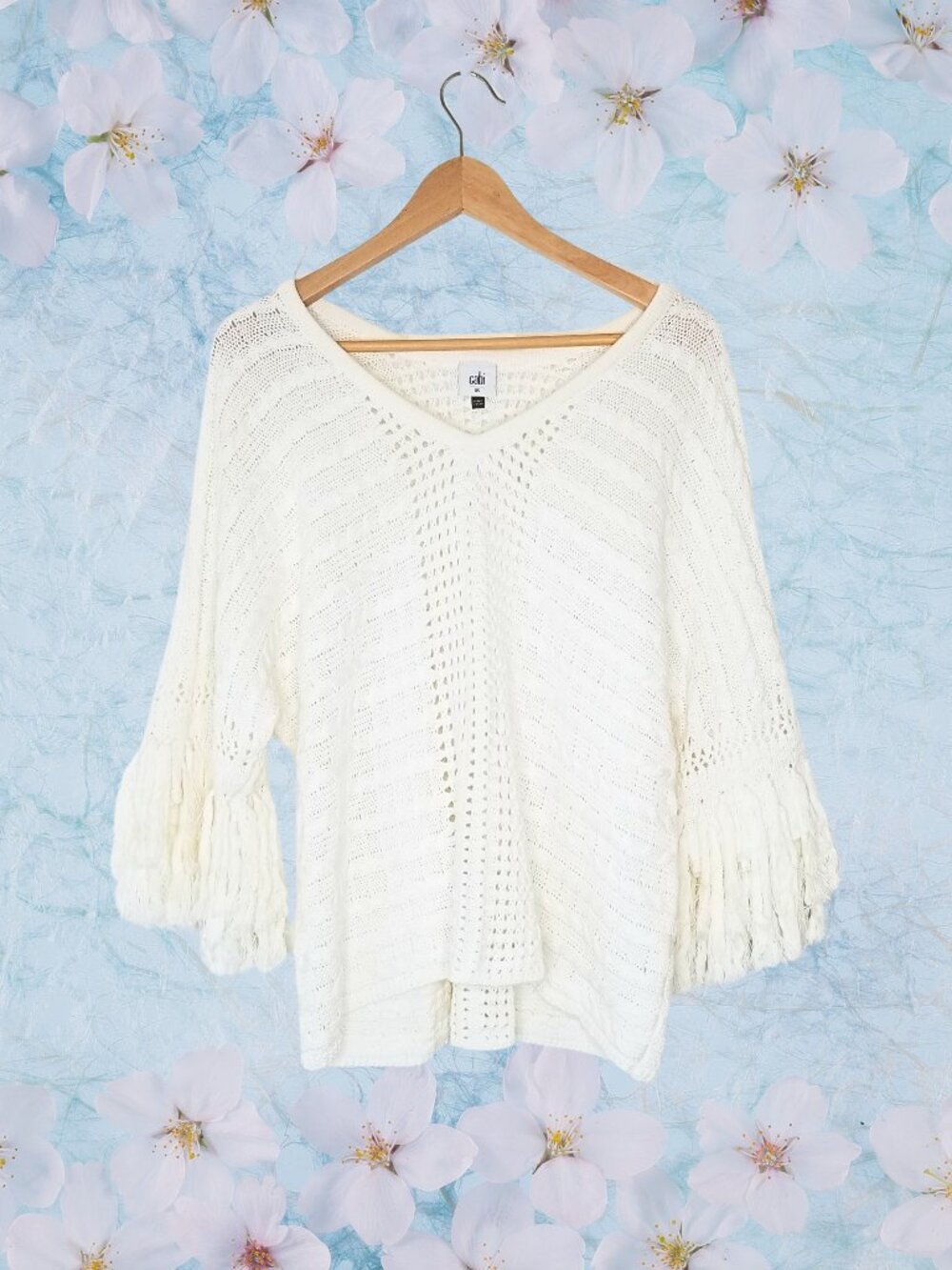 Cabi Fringed White Knit Poncho / Sweater, XS